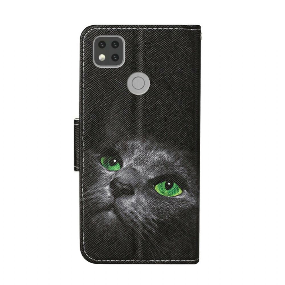 Flip Case Für Xiaomi Redmi 9C Grüne Augen Der Schwarzen Katze