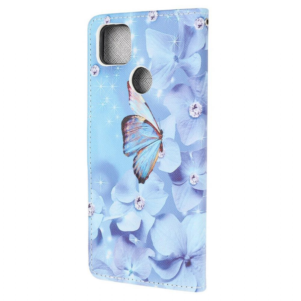 Flip Case Für Xiaomi Redmi 9C Mit Kordel Diamantband Schmetterlinge