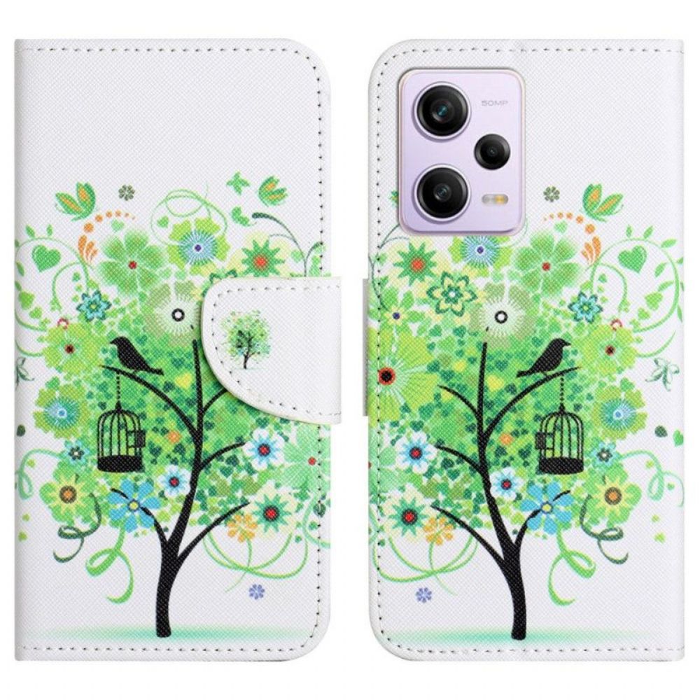 Flip Case Für Xiaomi Redmi Note 12 5G Mit Kordel Grüner Laubbaum