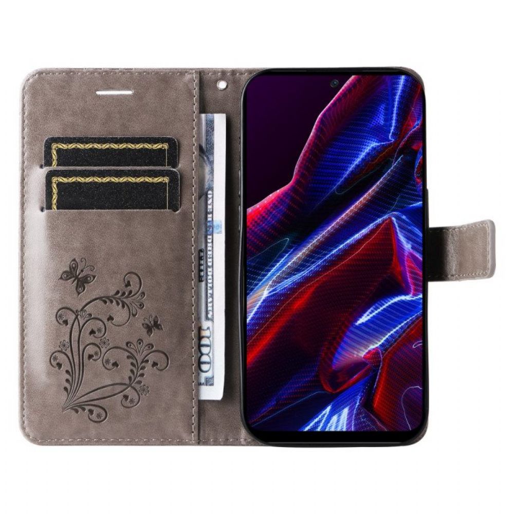 Flip Case Für Xiaomi Redmi Note 12 5G Mit Kordel Riesige Riemenschmetterlinge