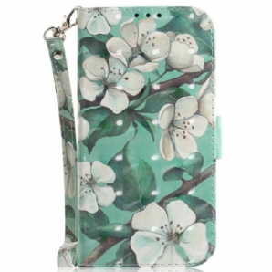 Flip Case Für Xiaomi Redmi Note 12 5G Mit Kordel Weiße Riemchenblumen