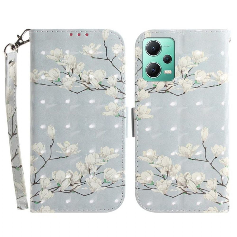 Flip Case Für Xiaomi Redmi Note 12 5G Mit Kordel Weiße Riemchenblumen