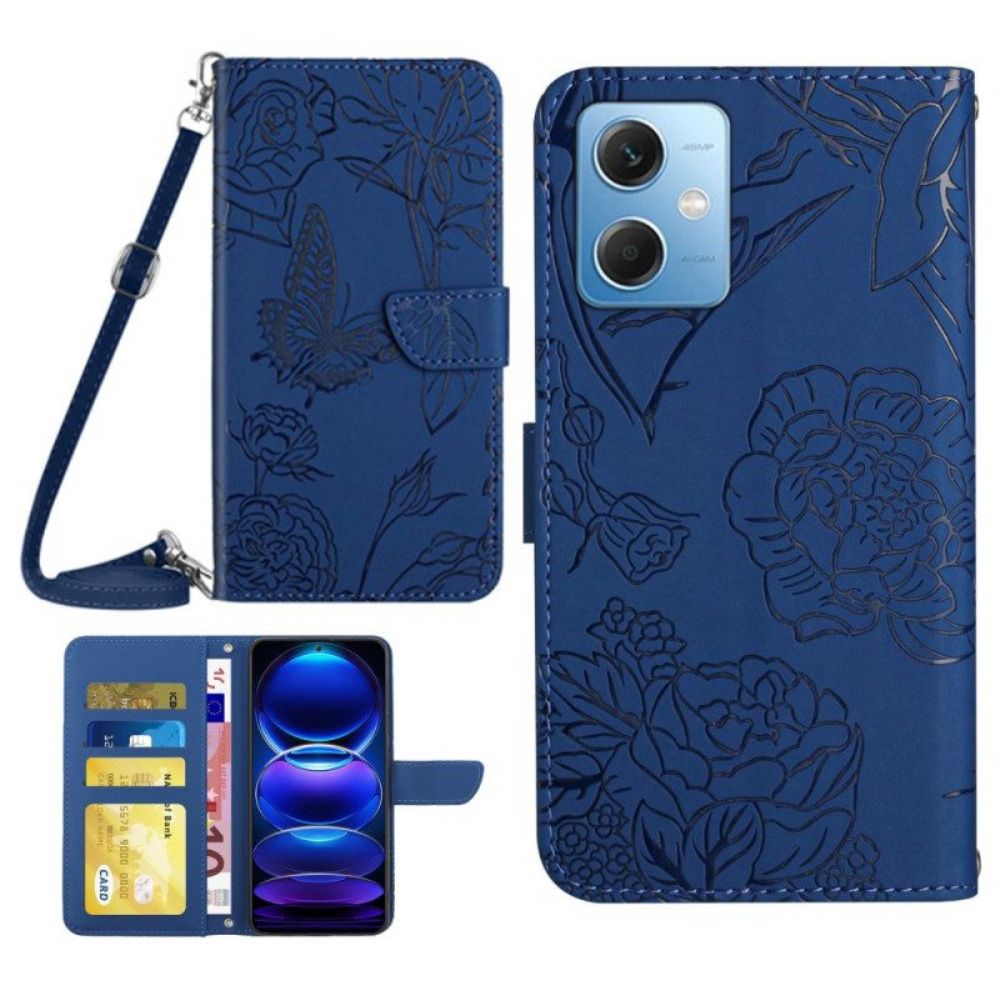 Flip Case Für Xiaomi Redmi Note 12 5G Schmetterlinge Und Schultergurt