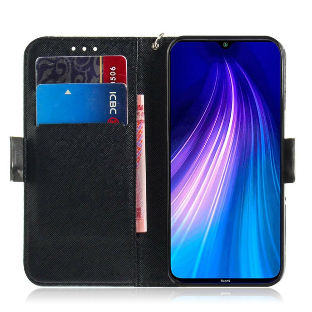 Flip Case Für Xiaomi Redmi Note 8 Mit Kordel Graue Riemchenkatze