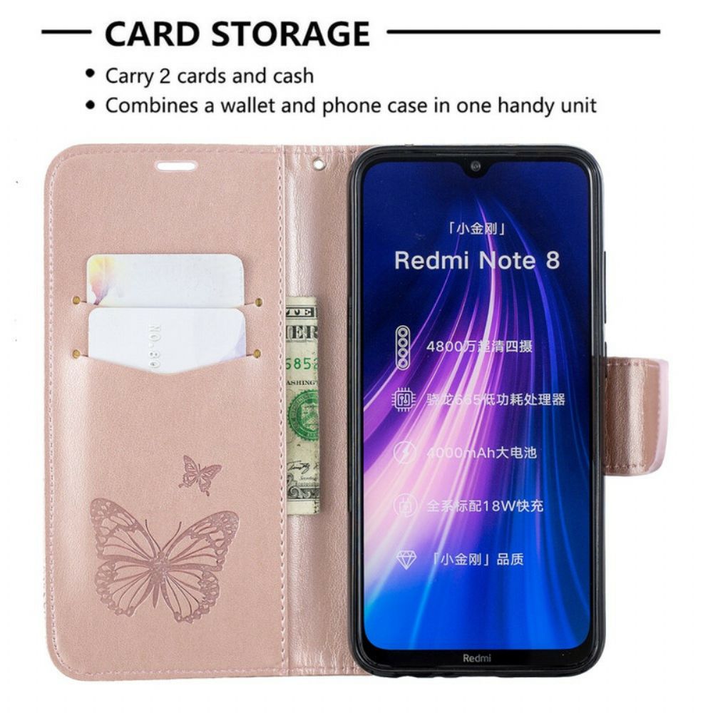 Flip Case Für Xiaomi Redmi Note 8 Mit Kordel Schmetterlinge Bedruckter Riemen