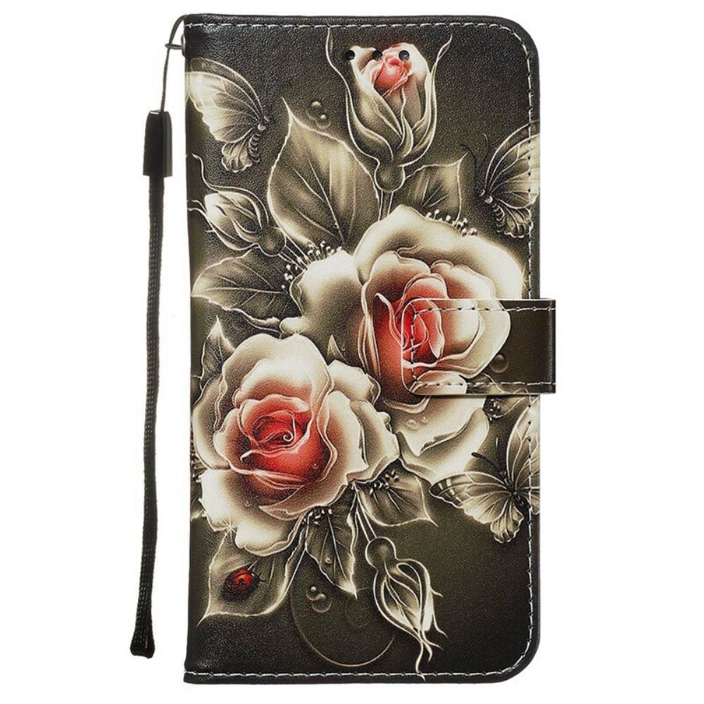 Flip Case Für Xiaomi Redmi Note 8 Mit Kordel Schwarze Rose Mit Riemen