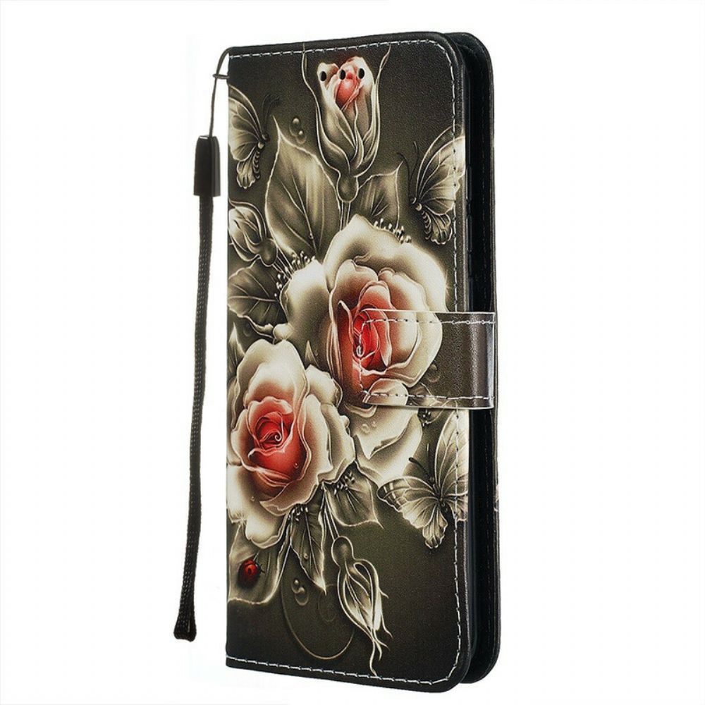 Flip Case Für Xiaomi Redmi Note 8 Mit Kordel Schwarze Rose Mit Riemen