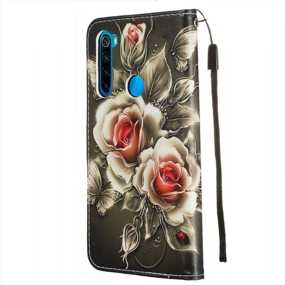 Flip Case Für Xiaomi Redmi Note 8 Mit Kordel Schwarze Rose Mit Riemen