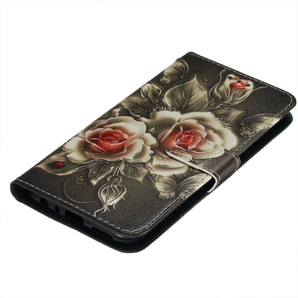 Flip Case Für Xiaomi Redmi Note 8 Mit Kordel Schwarze Rose Mit Riemen