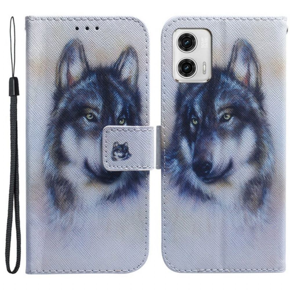 Lederhüllen Für Moto G73 5G Mit Kordel Riemchen-aquarell-wolf