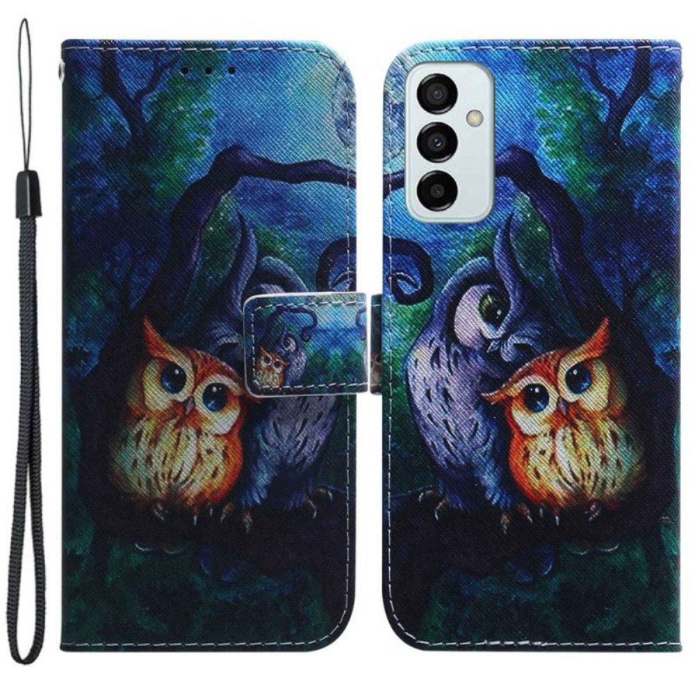 Flip Case Für Samsung Galaxy M13 Mit Kordel Riemchen-eulen-malerei