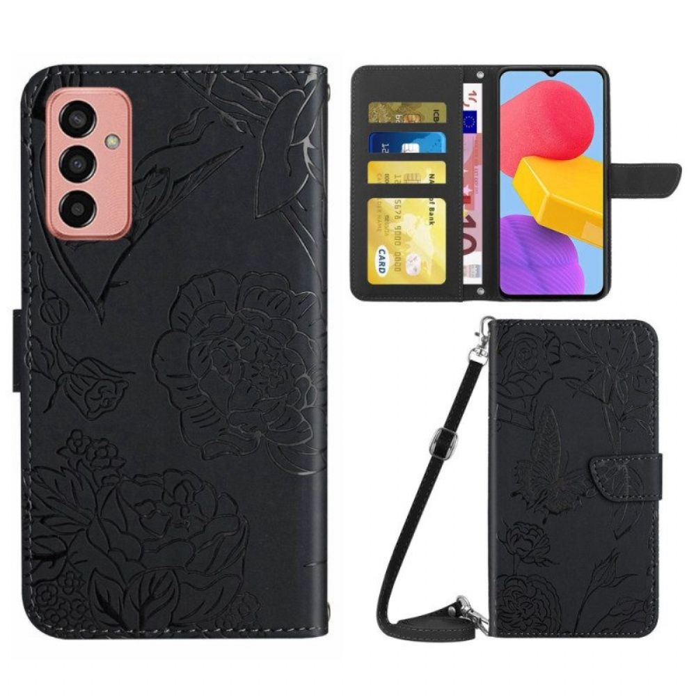 Flip Case Für Samsung Galaxy M13 Schmetterlinge Und Schultergurt