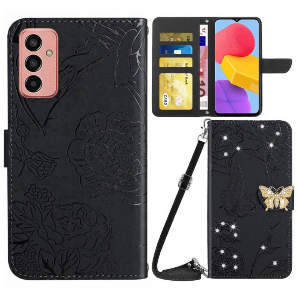 Flip Case Für Samsung Galaxy M13 Schmetterlingsanhänger Und Schultergurt