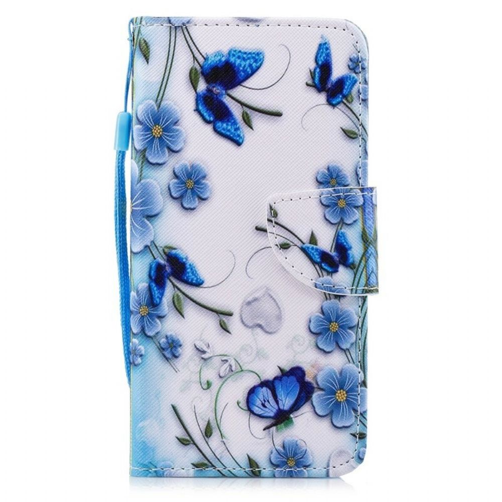 Flip Case Für Huawei P Smart Mit Kordel Blauer Riemen Schmetterlinge Und Blumen