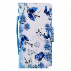 Flip Case Für Huawei P Smart Mit Kordel Blauer Riemen Schmetterlinge Und Blumen