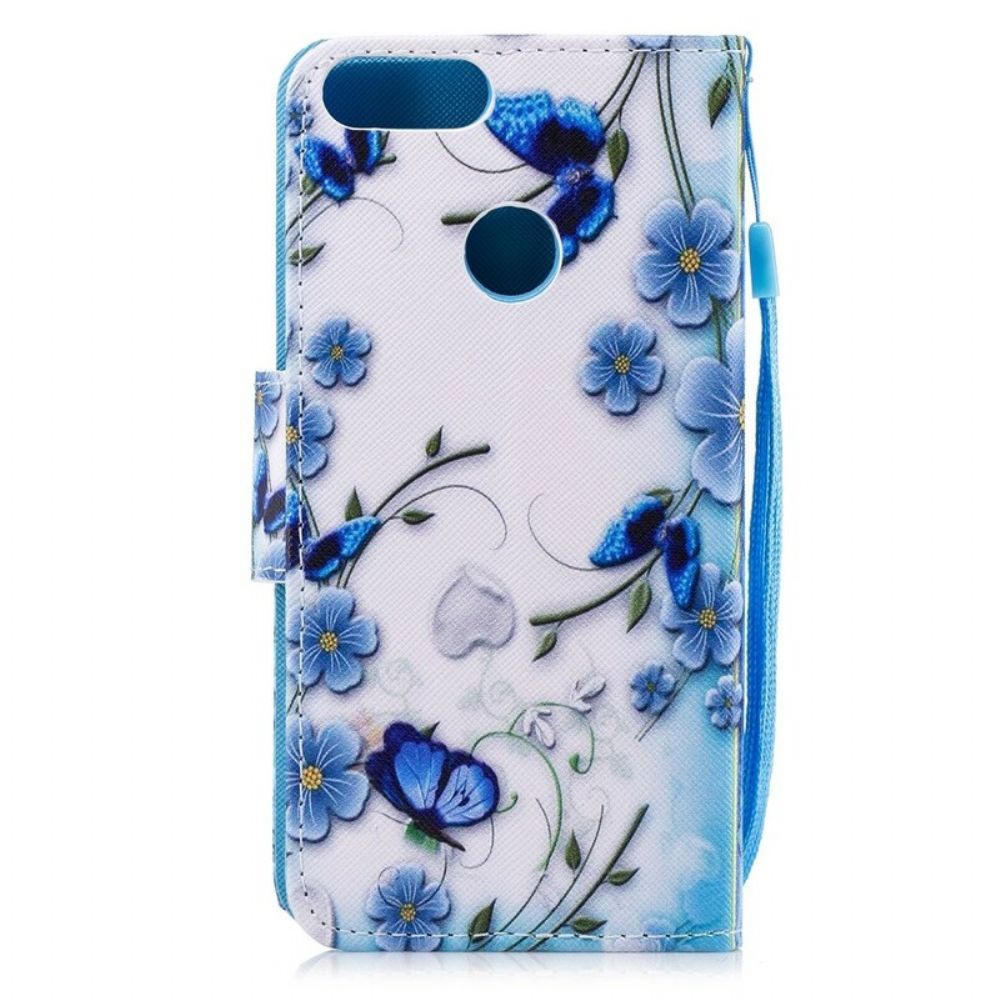 Flip Case Für Huawei P Smart Mit Kordel Blauer Riemen Schmetterlinge Und Blumen