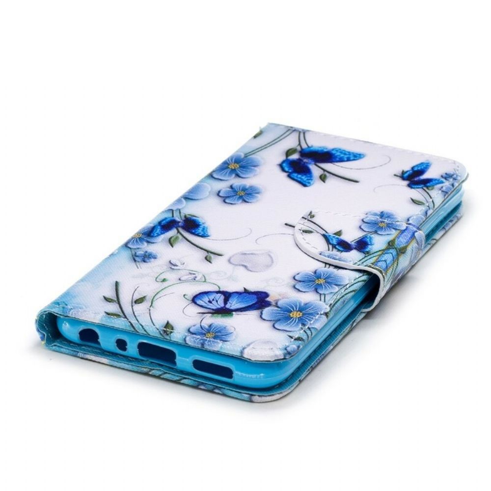 Flip Case Für Huawei P Smart Mit Kordel Blauer Riemen Schmetterlinge Und Blumen