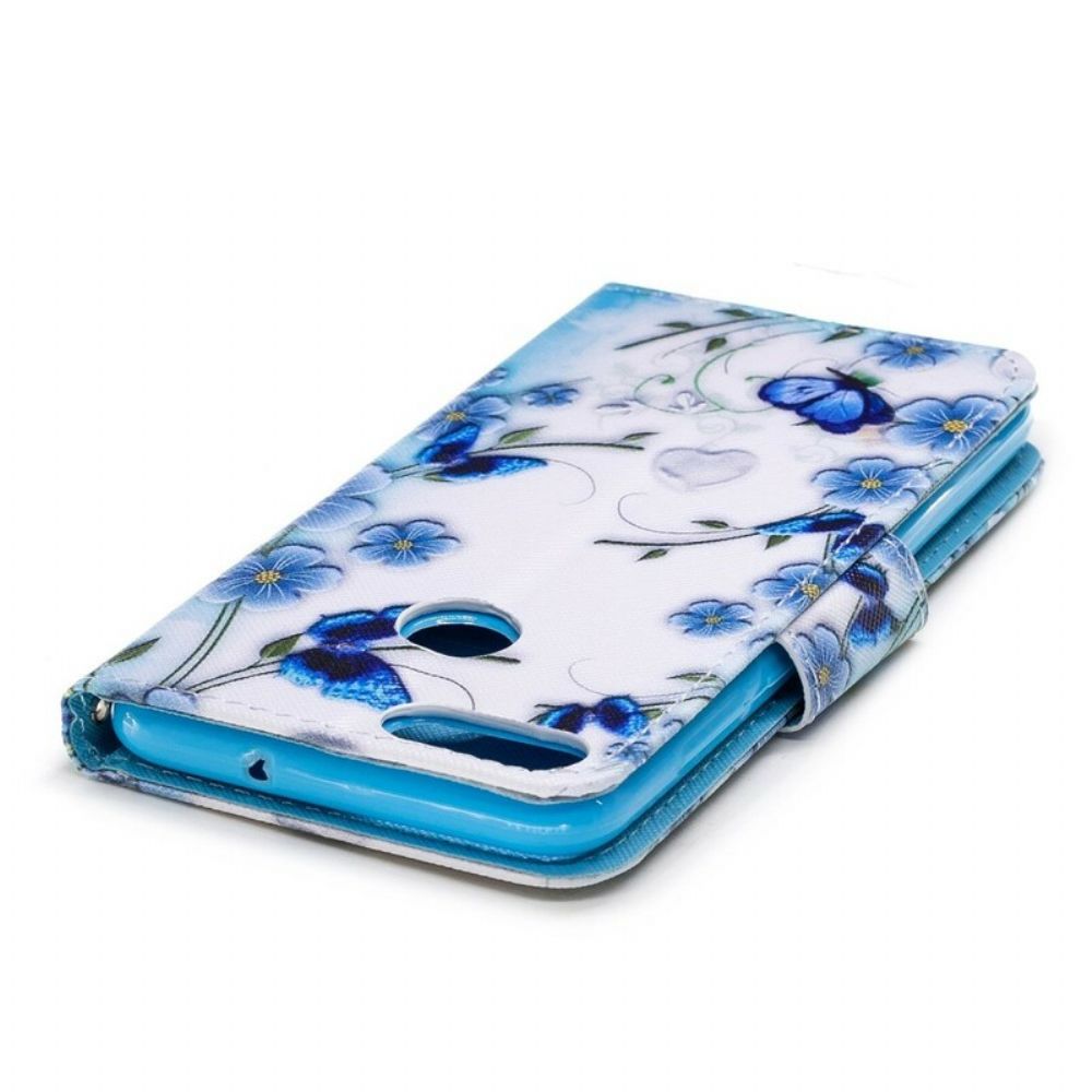 Flip Case Für Huawei P Smart Mit Kordel Blauer Riemen Schmetterlinge Und Blumen