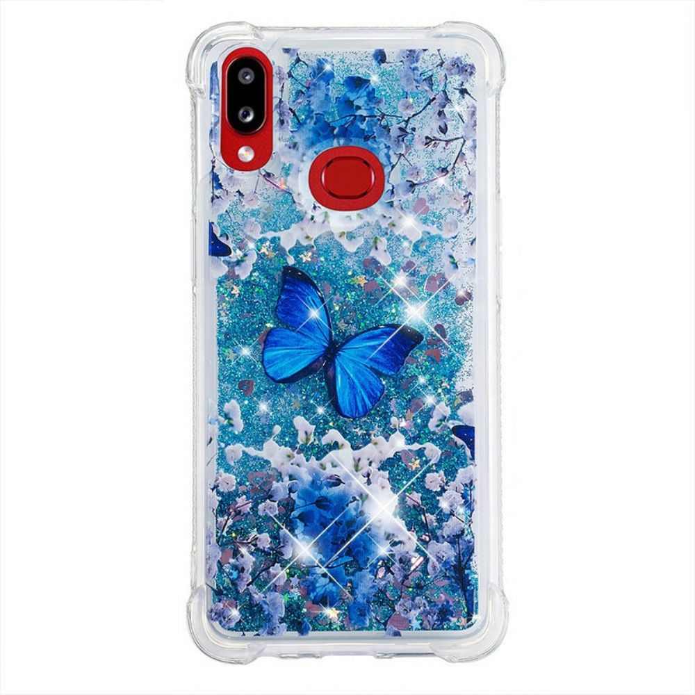 Handyhülle Für Samsung Galaxy A10s Blaue Glitzerschmetterlinge