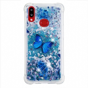 Handyhülle Für Samsung Galaxy A10s Blaue Glitzerschmetterlinge