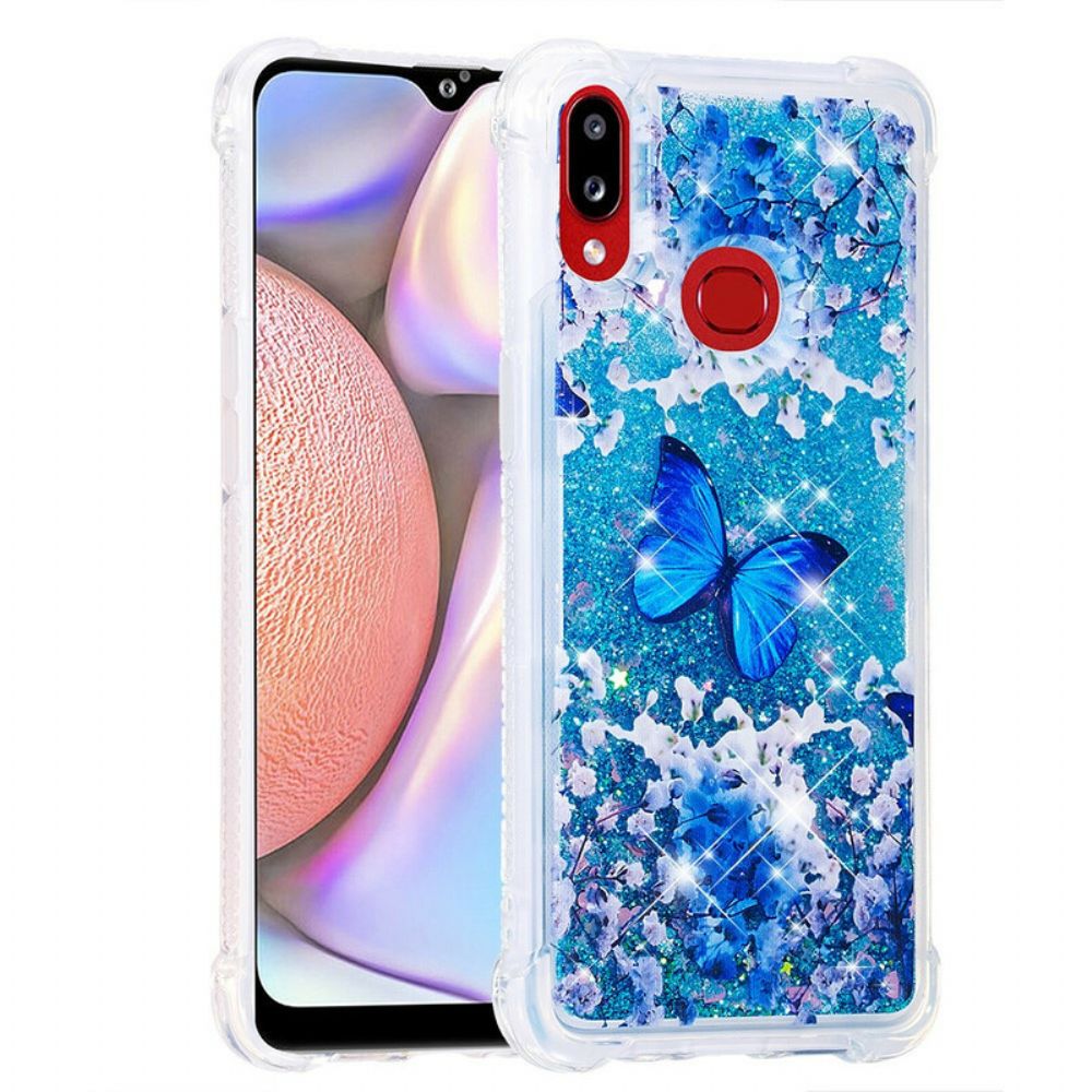 Handyhülle Für Samsung Galaxy A10s Blaue Glitzerschmetterlinge