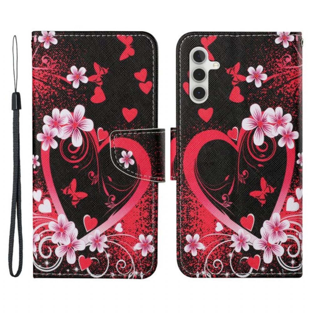 Flip Case Für Samsung Galaxy A54 5G Blumen Und Herzen Mit Schlüsselband