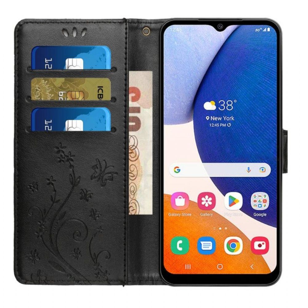 Flip Case Für Samsung Galaxy A54 5G Mit Kordel Blumen Und Schmetterlinge Mit Riemen