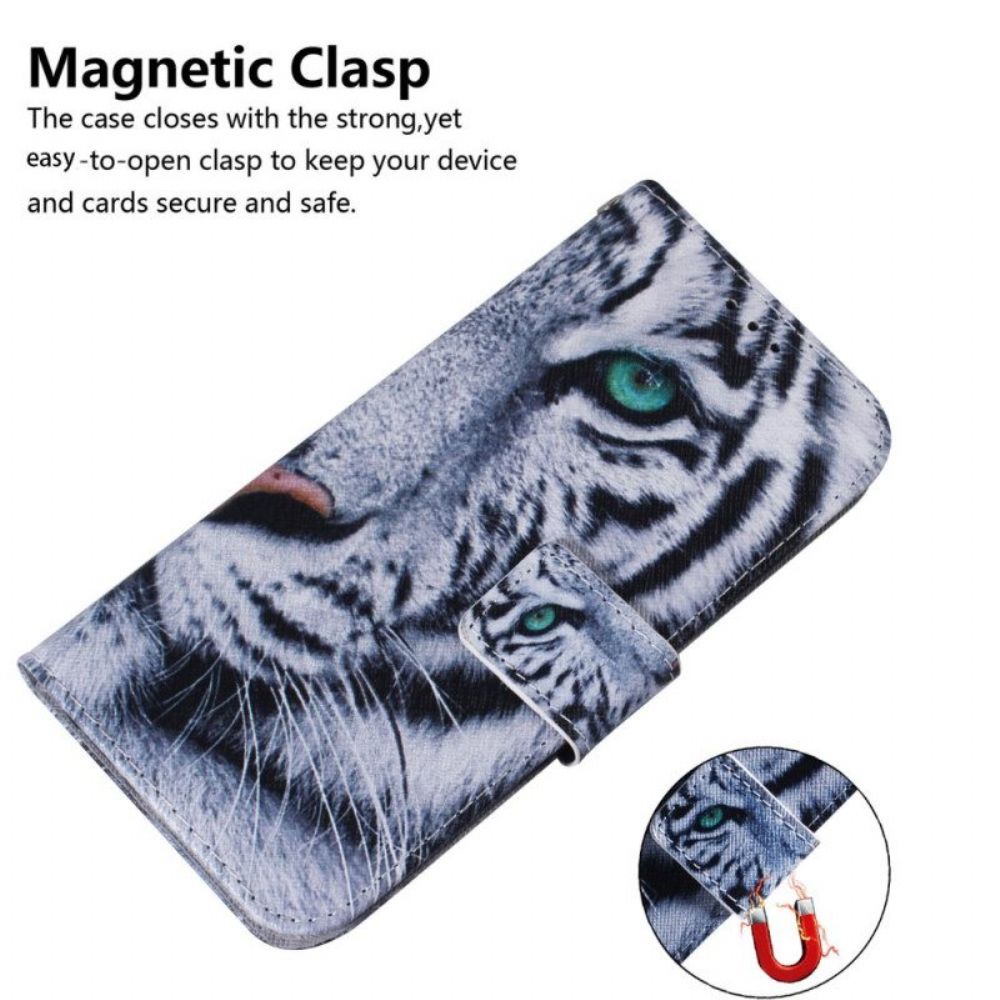 Flip Case Für Samsung Galaxy A54 5G Mit Kordel Riemchenweißer Tiger