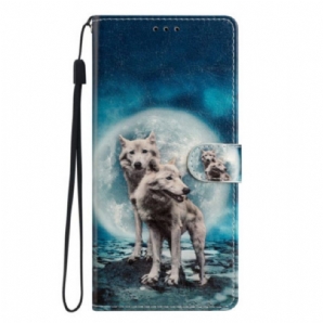 Flip Case Für Samsung Galaxy A54 5G Wolf Unter Mond Mit Schlüsselband