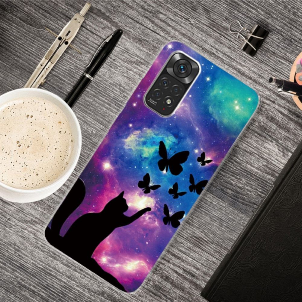 Handyhülle Für Xiaomi Redmi Note 11 / 11S Katze Und Schmetterlinge Im Weltall