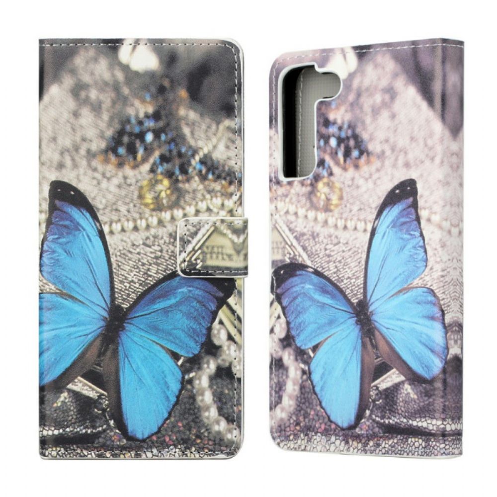 Flip Case Für Samsung Galaxy S22 Plus 5G Blauer Prestige-schmetterling