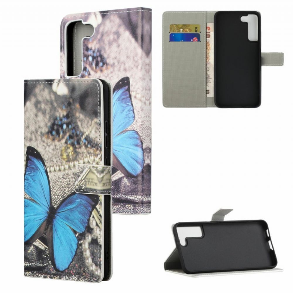 Flip Case Für Samsung Galaxy S22 Plus 5G Blauer Prestige-schmetterling