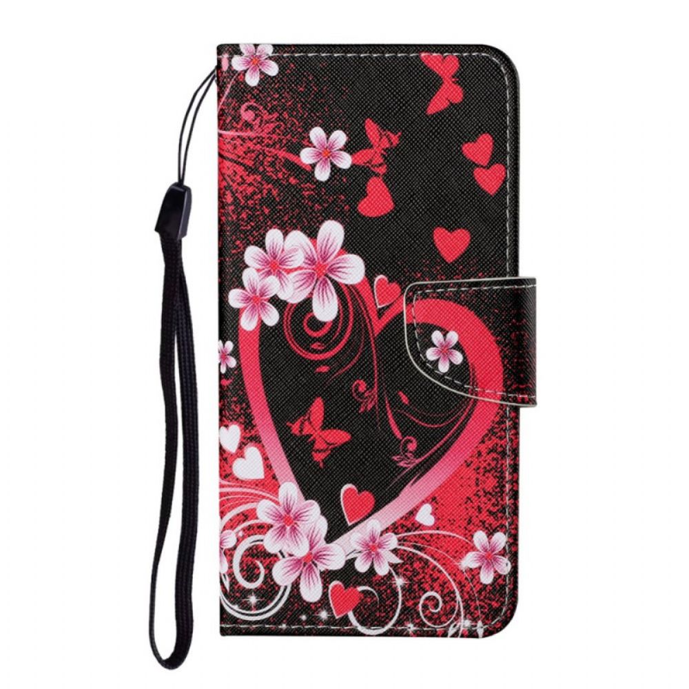 Flip Case Für Samsung Galaxy S22 Plus 5G Blumen Und Herzen Mit Lanyard