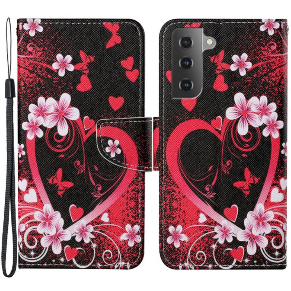 Flip Case Für Samsung Galaxy S22 Plus 5G Blumen Und Herzen Mit Lanyard