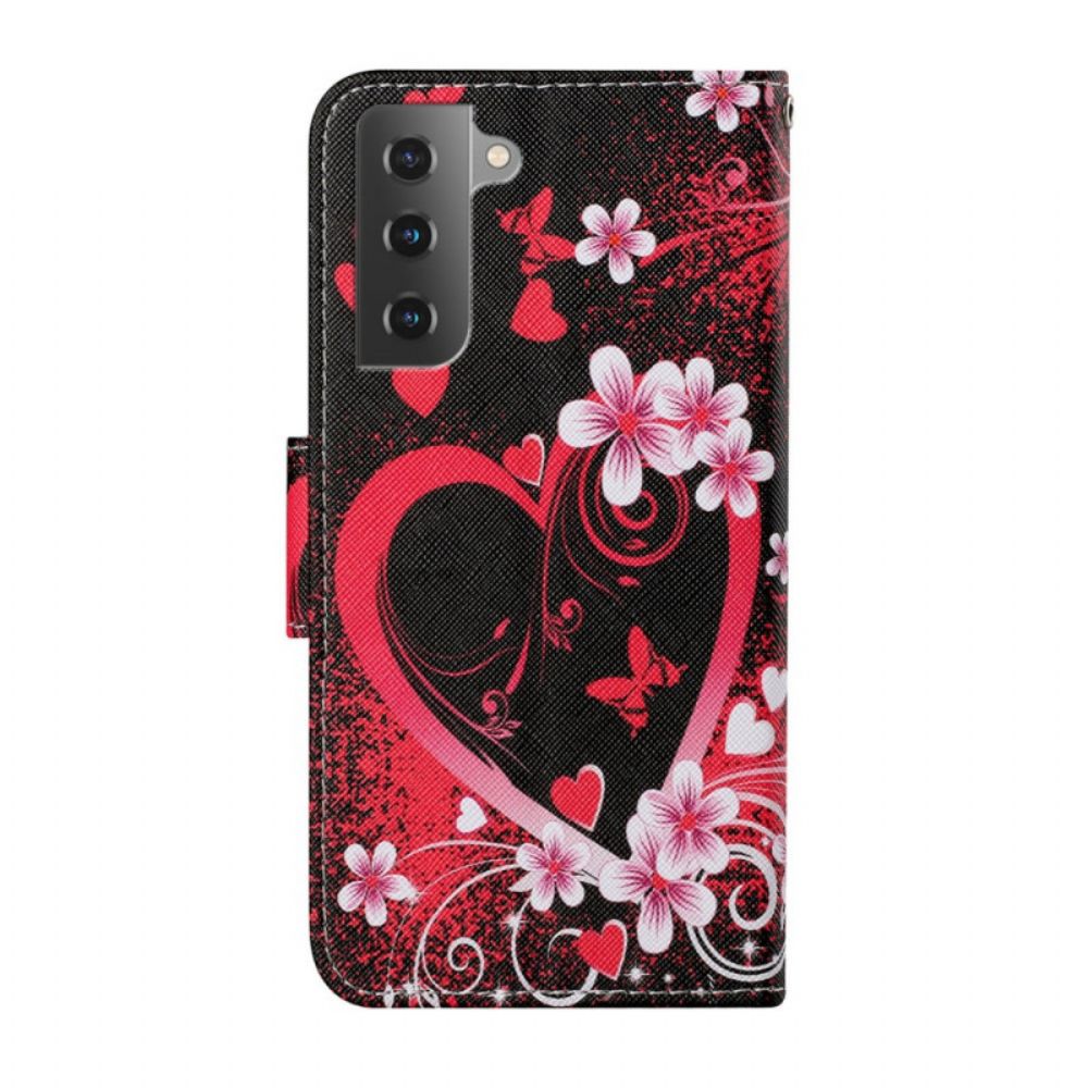 Flip Case Für Samsung Galaxy S22 Plus 5G Blumen Und Herzen Mit Lanyard