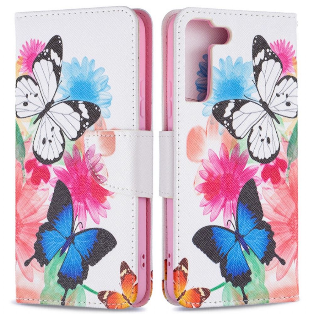 Flip Case Für Samsung Galaxy S22 Plus 5G Gemalte Schmetterlinge Und Blumen