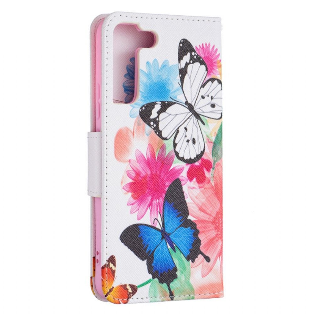 Flip Case Für Samsung Galaxy S22 Plus 5G Gemalte Schmetterlinge Und Blumen