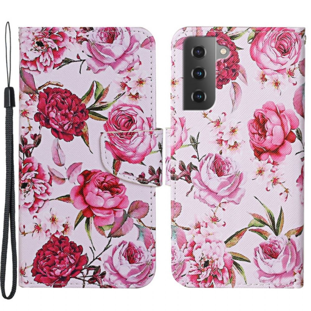 Flip Case Für Samsung Galaxy S22 Plus 5G Meisterhafte Blumen Mit Riemen