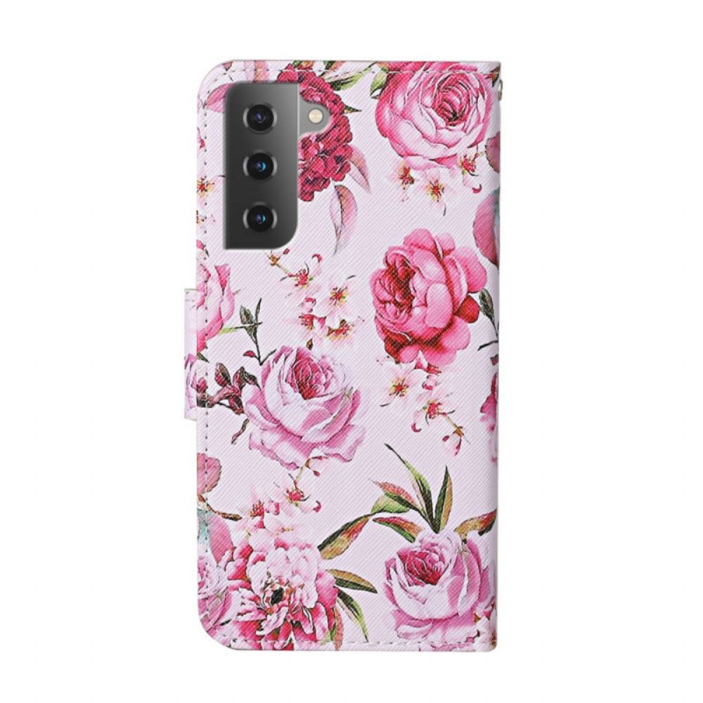 Flip Case Für Samsung Galaxy S22 Plus 5G Meisterhafte Blumen Mit Riemen