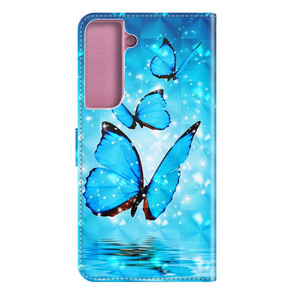 Flip Case Für Samsung Galaxy S22 Plus 5G Mit Kordel Blaue Riemenschmetterlinge