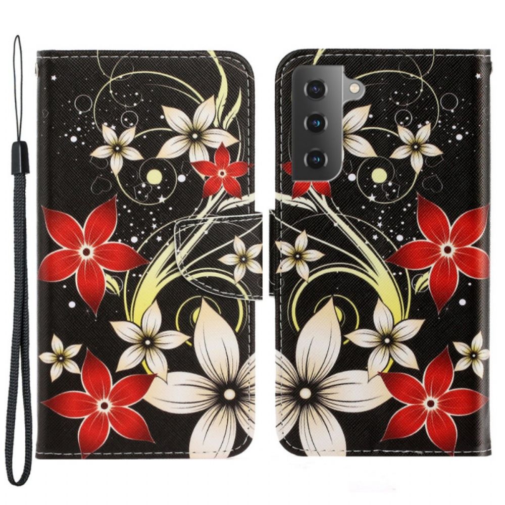 Flip Case Für Samsung Galaxy S22 Plus 5G Mit Kordel Bunte Riemenblumen