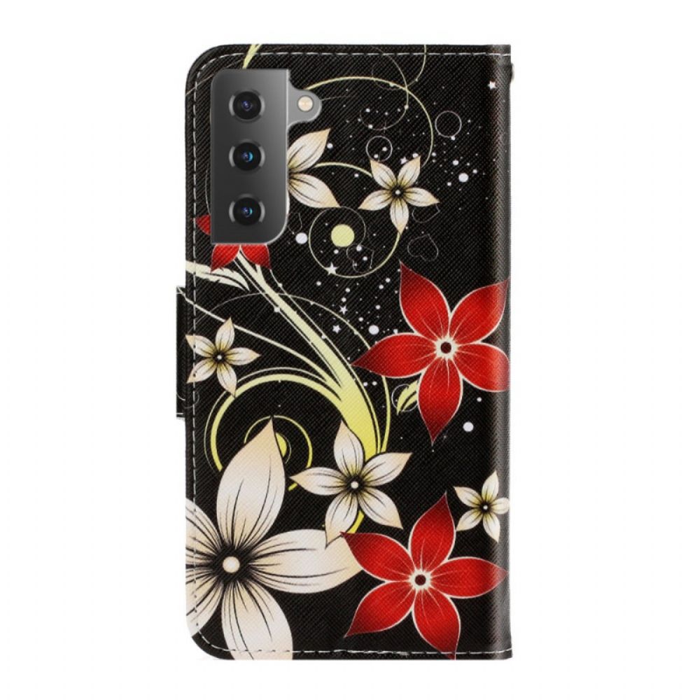 Flip Case Für Samsung Galaxy S22 Plus 5G Mit Kordel Bunte Riemenblumen