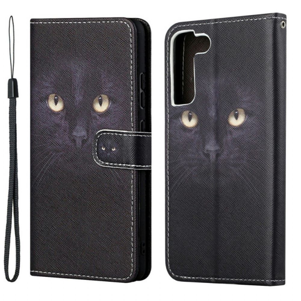 Flip Case Für Samsung Galaxy S22 Plus 5G Mit Kordel Schwarze Katzenaugen Mit Riemen