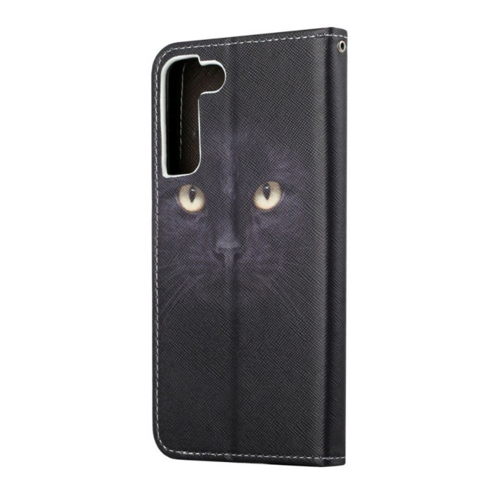 Flip Case Für Samsung Galaxy S22 Plus 5G Mit Kordel Schwarze Katzenaugen Mit Riemen