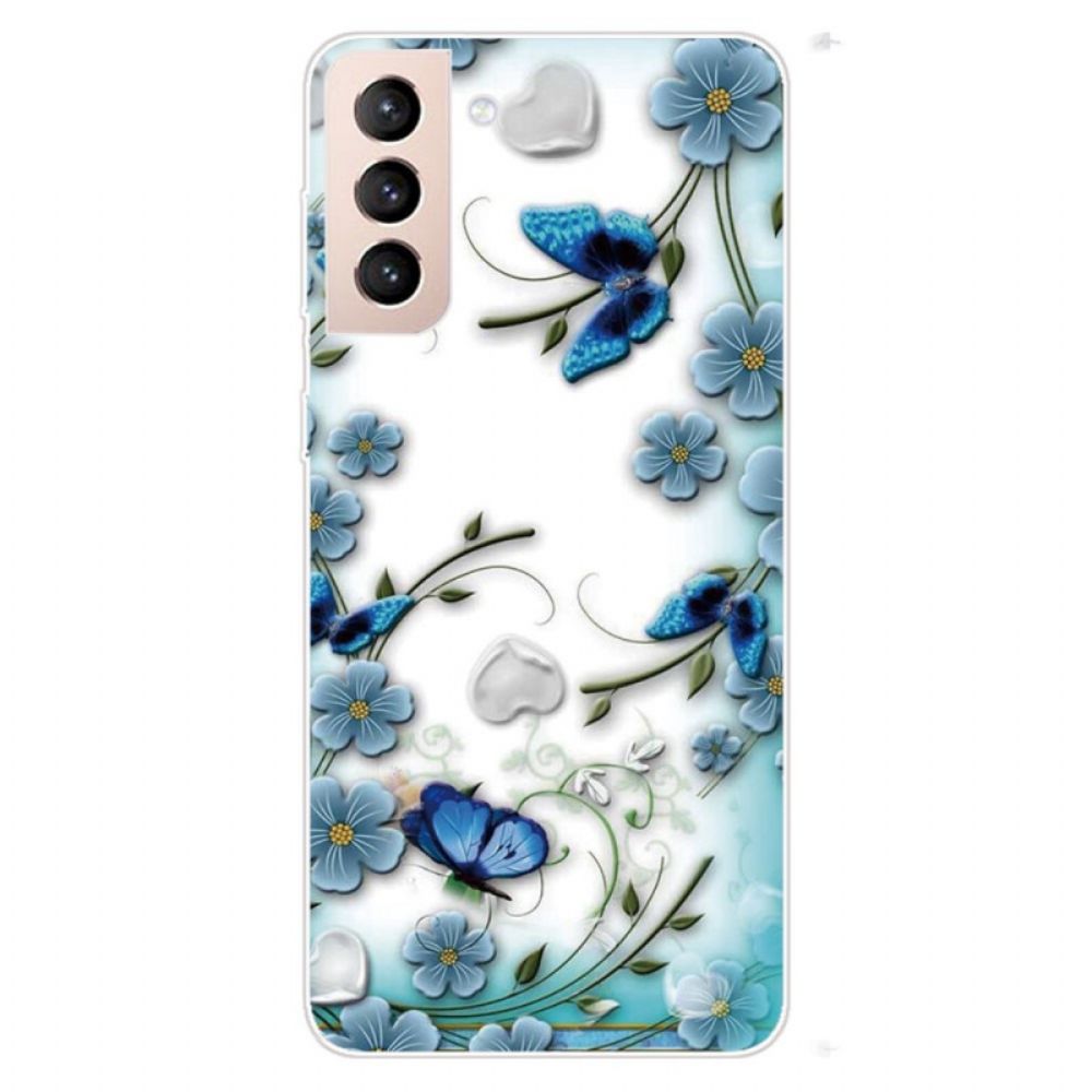 Handyhülle Für Samsung Galaxy S22 Plus 5G Retro Schmetterlinge Und Blumen