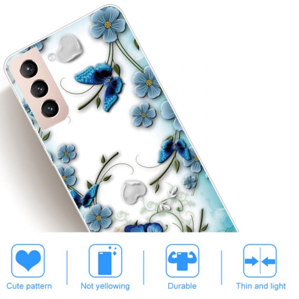 Handyhülle Für Samsung Galaxy S22 Plus 5G Retro Schmetterlinge Und Blumen