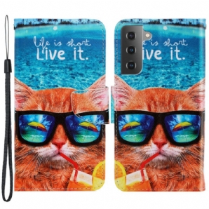 Lederhüllen Für Samsung Galaxy S22 Plus 5G Mit Kordel Katze Lebt Es Riemchen