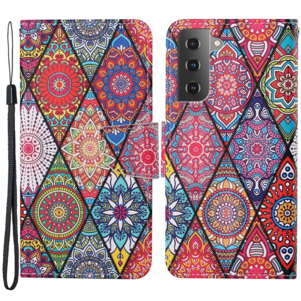 Lederhüllen Für Samsung Galaxy S22 Plus 5G Patchwork Mit Lanyard