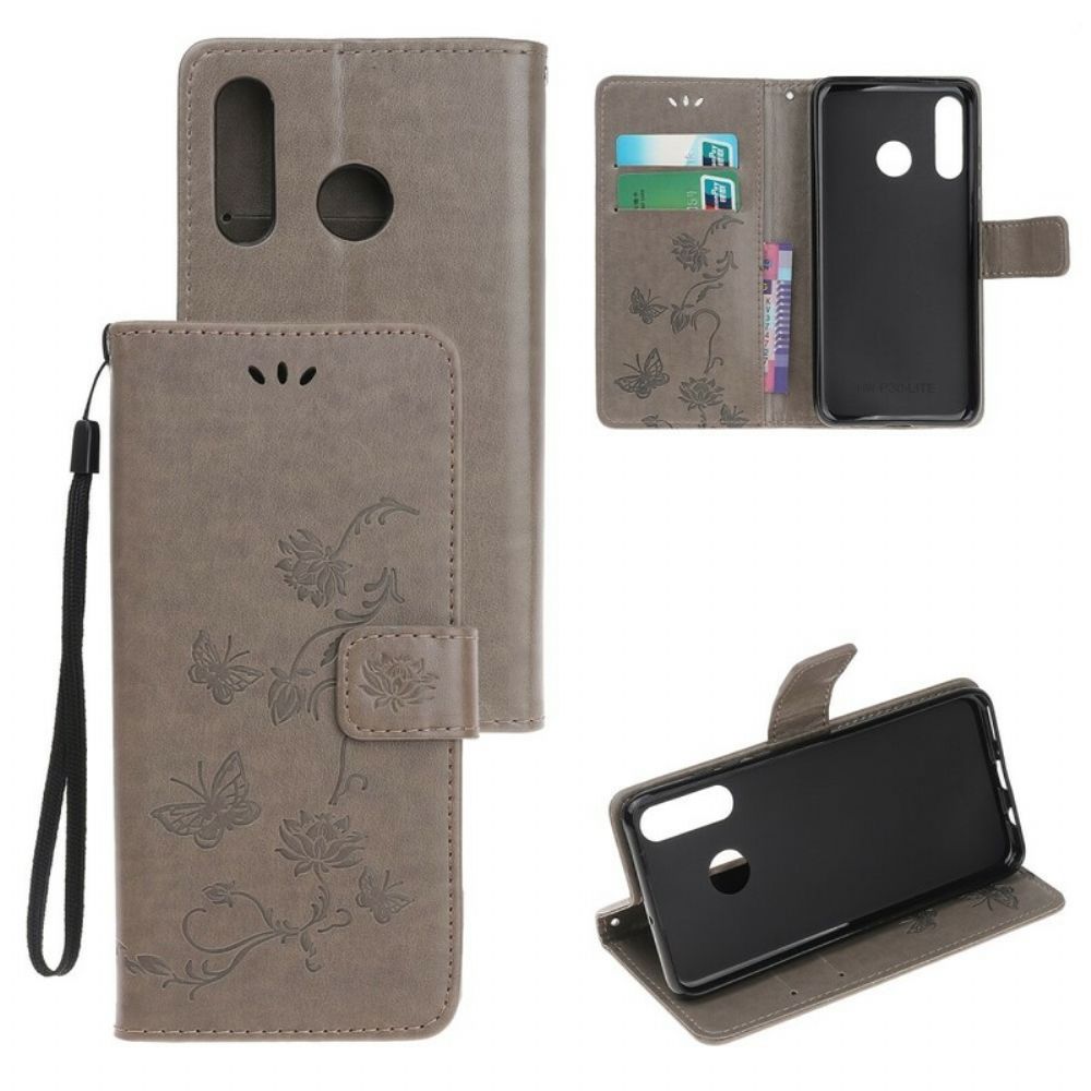 Flip Case Für Huawei P Smart Z / Honor 9X Mit Kordel Tanga Schmetterlinge Und Blumen