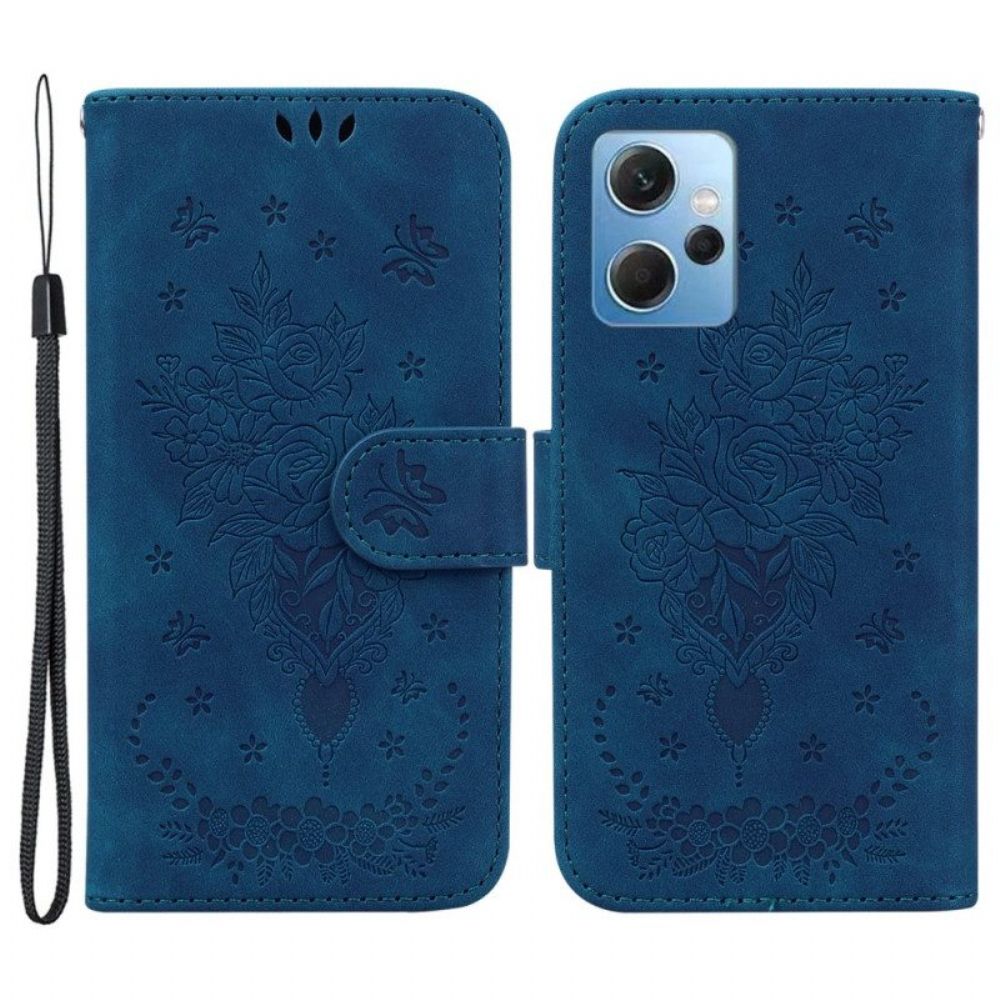 Flip Case Für Xiaomi Redmi Note 12 4G Mit Kordel Riemchenrosen Und Schmetterlinge